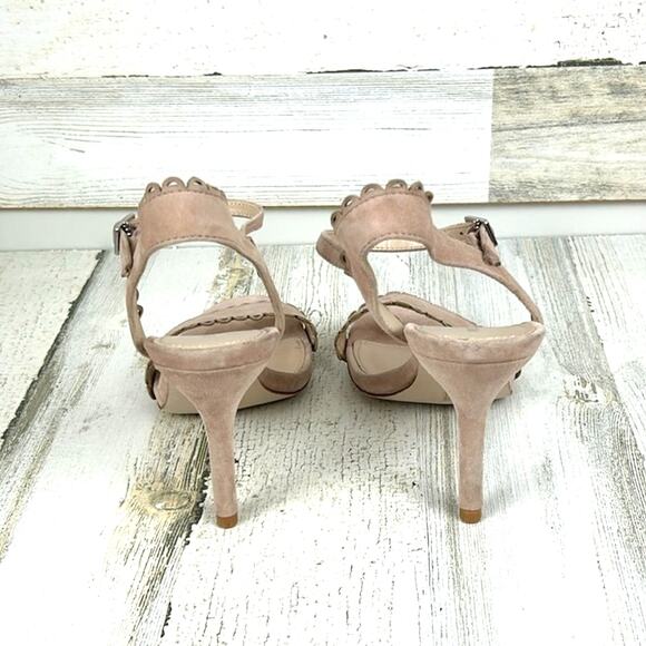 Pelle Moda Womens 7.5 Tan Suede Open-Toe Heeled Strappy Scallop Edge Sandal - Picture 6 of 10